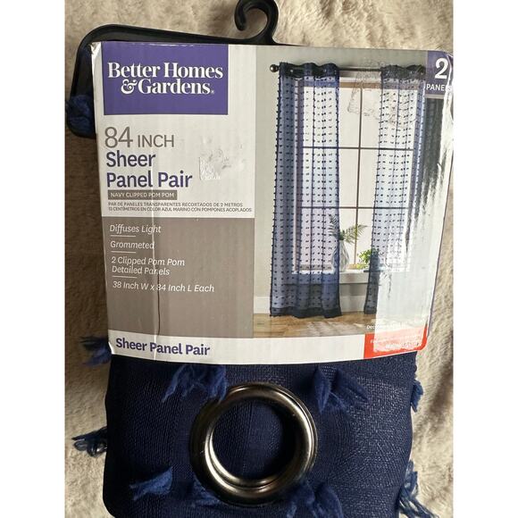 Better Homes and Gardens 84 in. Sheer Navy Window Panels Pom Pom - Picture 2 of 4